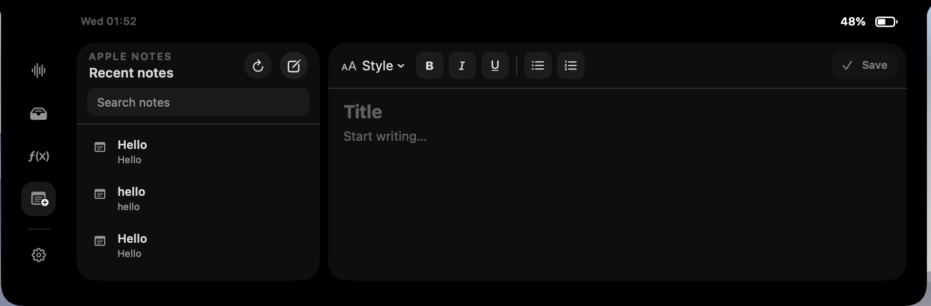 Fide Island showing recent Apple Notes and a note editor around the MacBook notch